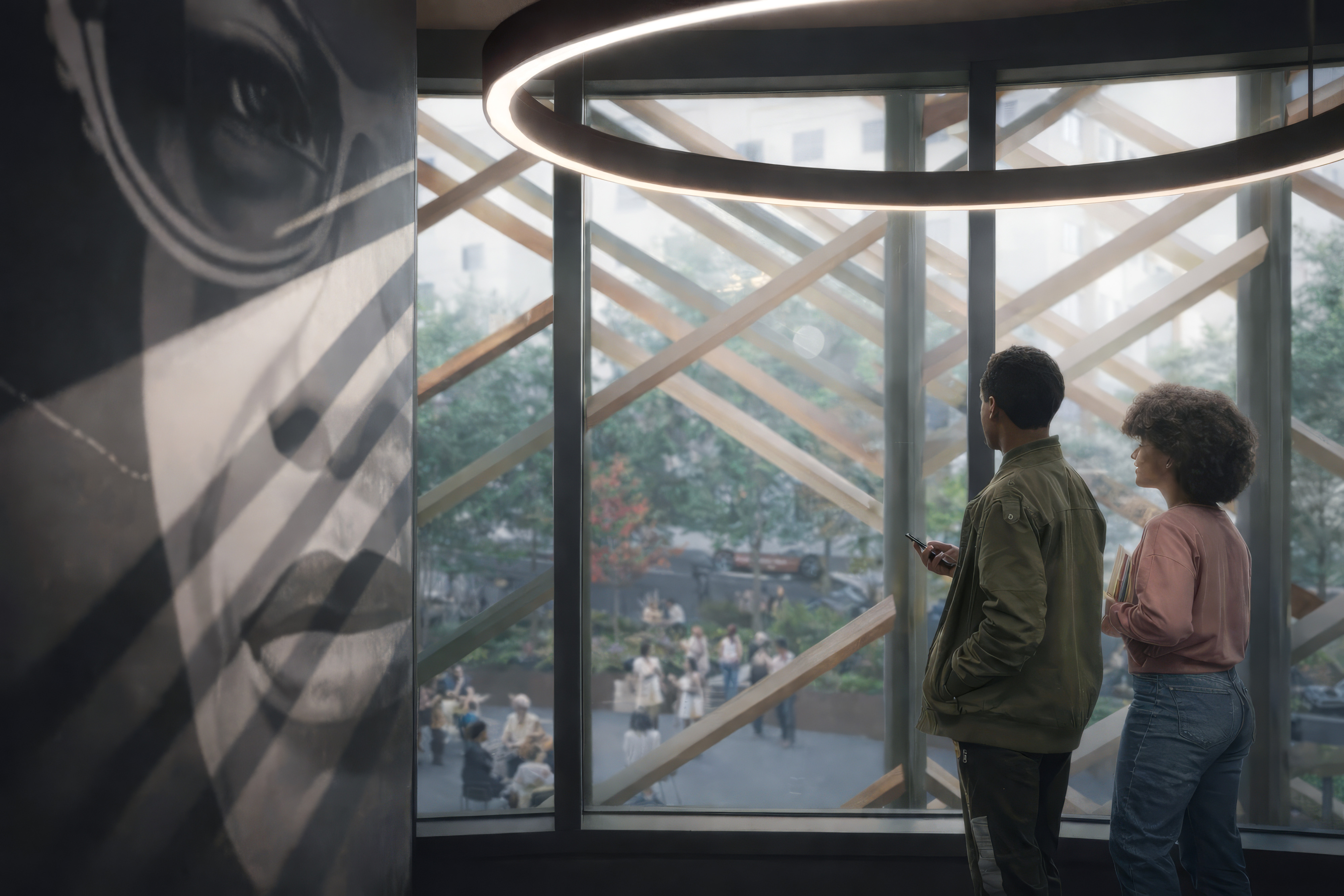 BPL Window view to remembrance plaza, rendering enhanced with AI
