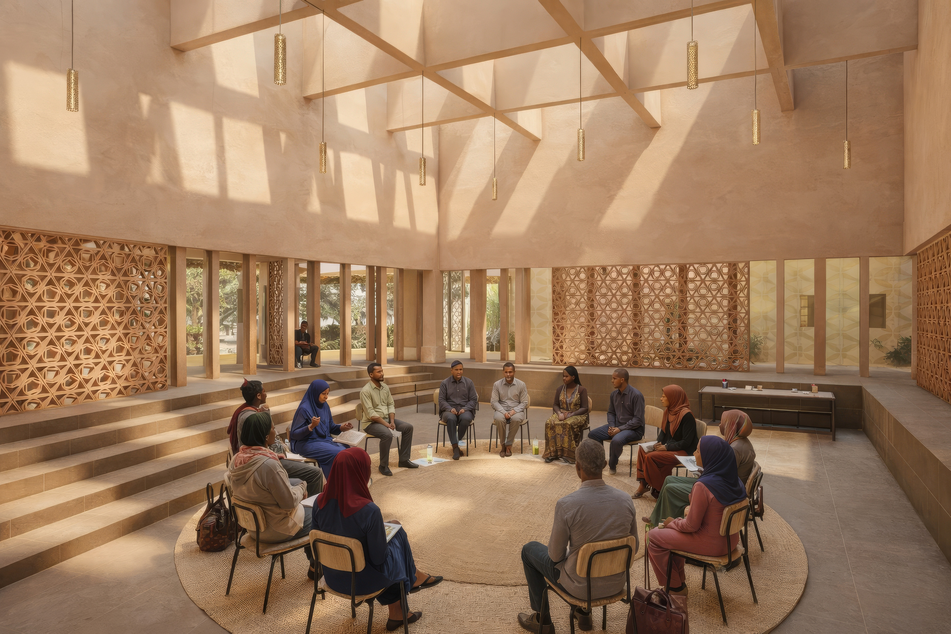 Iftin Gathering Space. Rendering upscaled with Gen AI