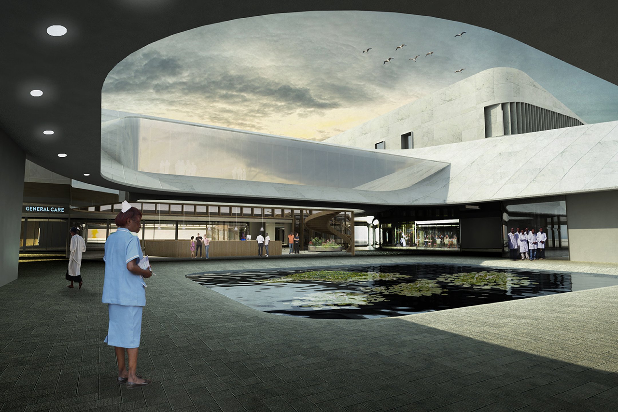 Rendering of Art of Healthcare Cardiac Hospital, Interior Courtyard Rendering with waiting pool in middle