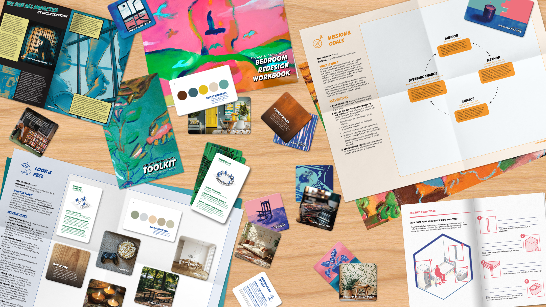 Designing Decarceration Toolkit materials arrayed along a table