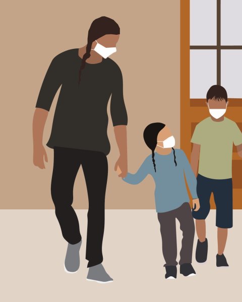 graphic of family walking together, wearing medical masks