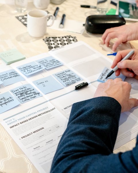 Photo of a person filling out the Impact-based Design Methodology toolkit