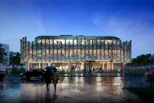 BPL New Lots Branch in the evening. Image Credit MASS Design Group & Marble Fairbanks Architects