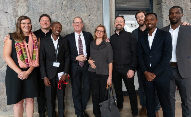 Opening of University of Global Health Equity. (From left to right) Sarah Kitchin, Michael Murphy, Jean Paul Uzabakiriho, Dr. Paul Farmer, Sierra Bainbridge, Kelly Alvarez Doran, Alan Ricks, Rene M. Gasana, Christian Benimana