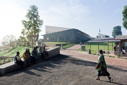 Photo of the Butaro District Hospital,  Photo by Iwan Baan, Front Entrance with Community Members