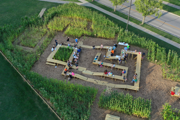 An arial view of the Corn / Meal installation