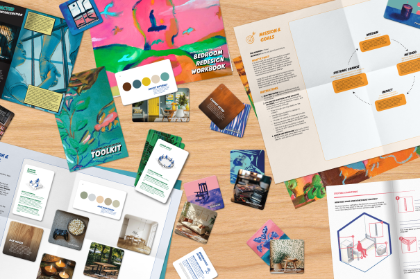 Designing Decarceration Toolkit materials arrayed along a table